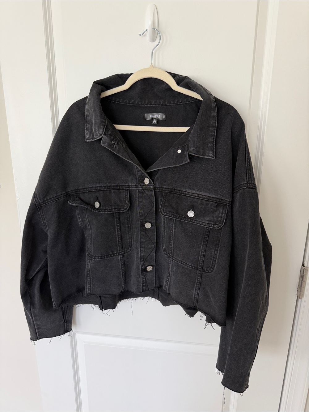 Missguided Washed Black Cropped Denim Jacket with Raw Hem